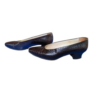 Joan & David Handmade in Italy Brown Crocodile Square Toe Stacked Heel Pump 8.5